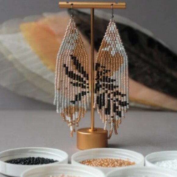 Beautiful Namystynky Etsy Artisan Floral Abstract Long Czech Beaded Earrings - Picture 3 of 15